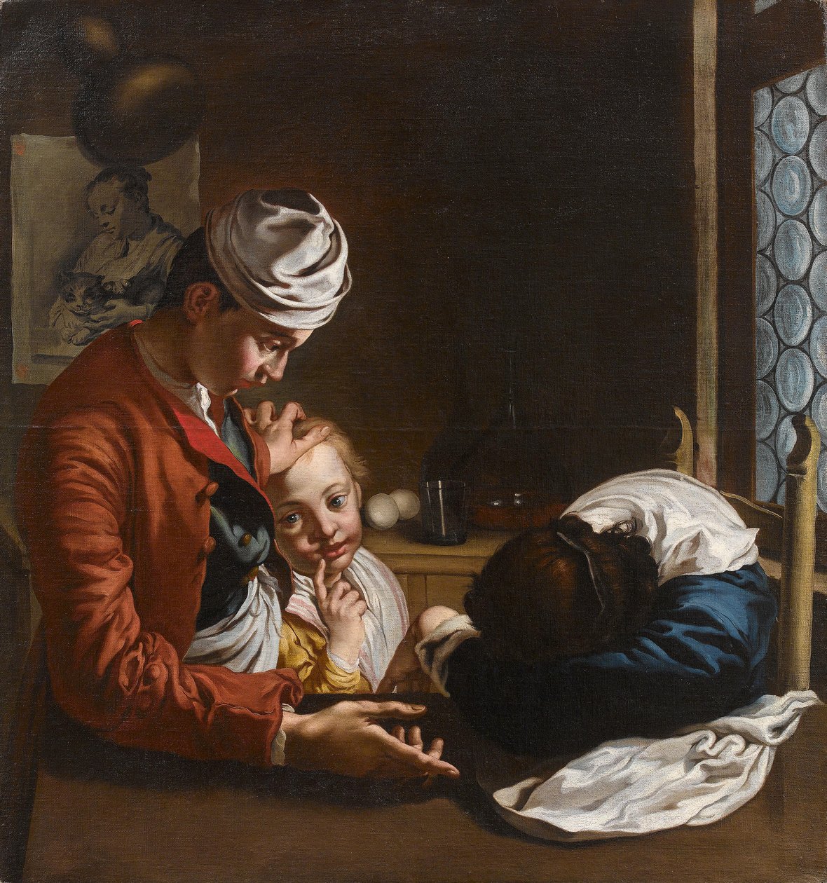 Gezinsscene in een interieur Lombardische school, 18e eeuw, toegeschreven aan Giacomo Ceruti (Milaan 1698-1767) (door Cristina Geddo) door Giacomo Ceruti