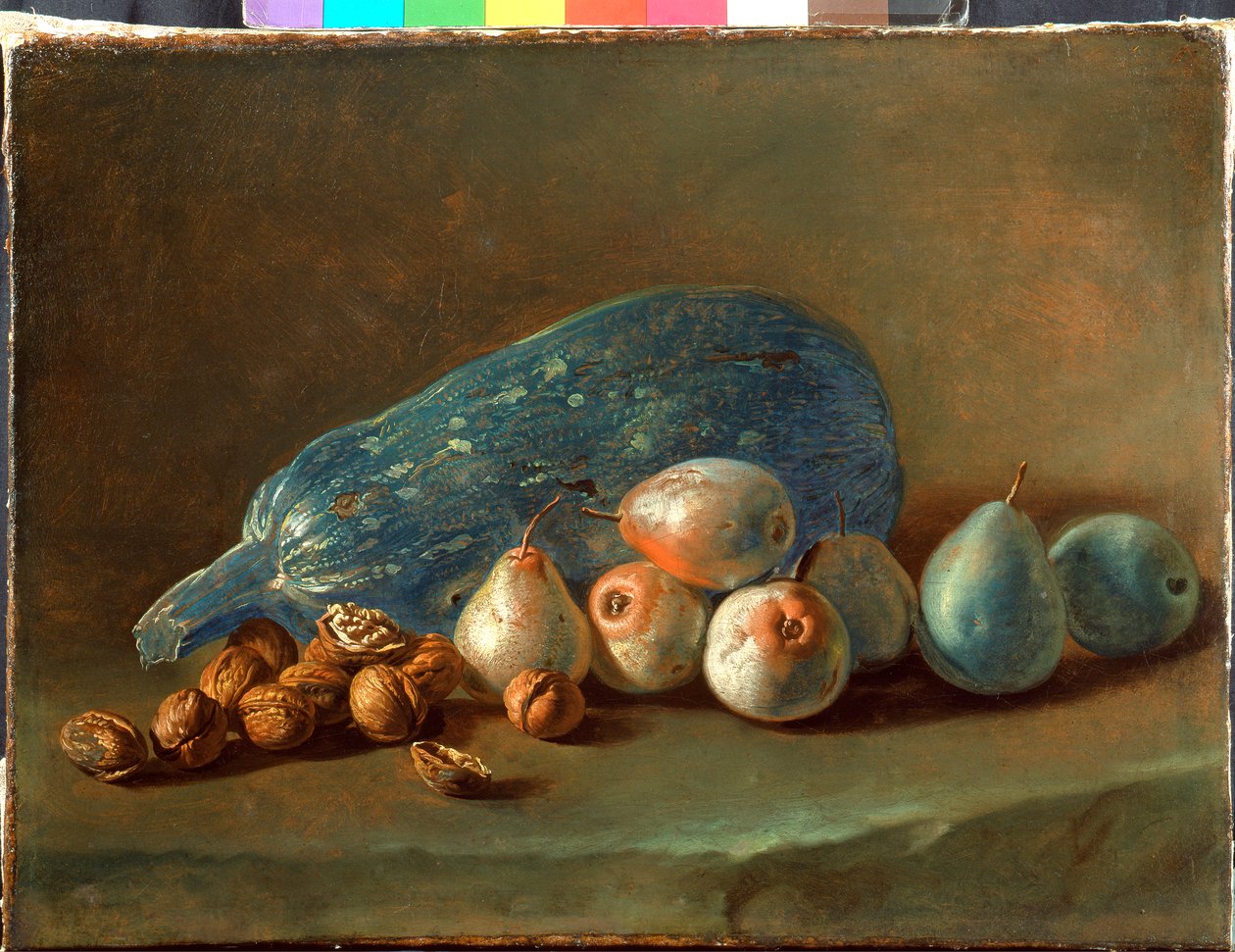 Stilleven met pompoen, peren en walnoten door Giacomo Ceruti