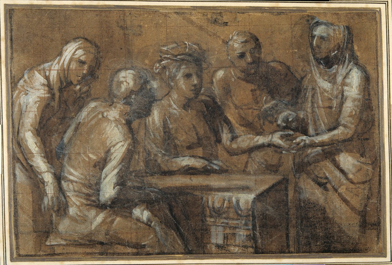 Vijf figuren in een interieur (houtskool verhoogd met witte lichaamskleur) door Giacomo (attr. to) Cavedone