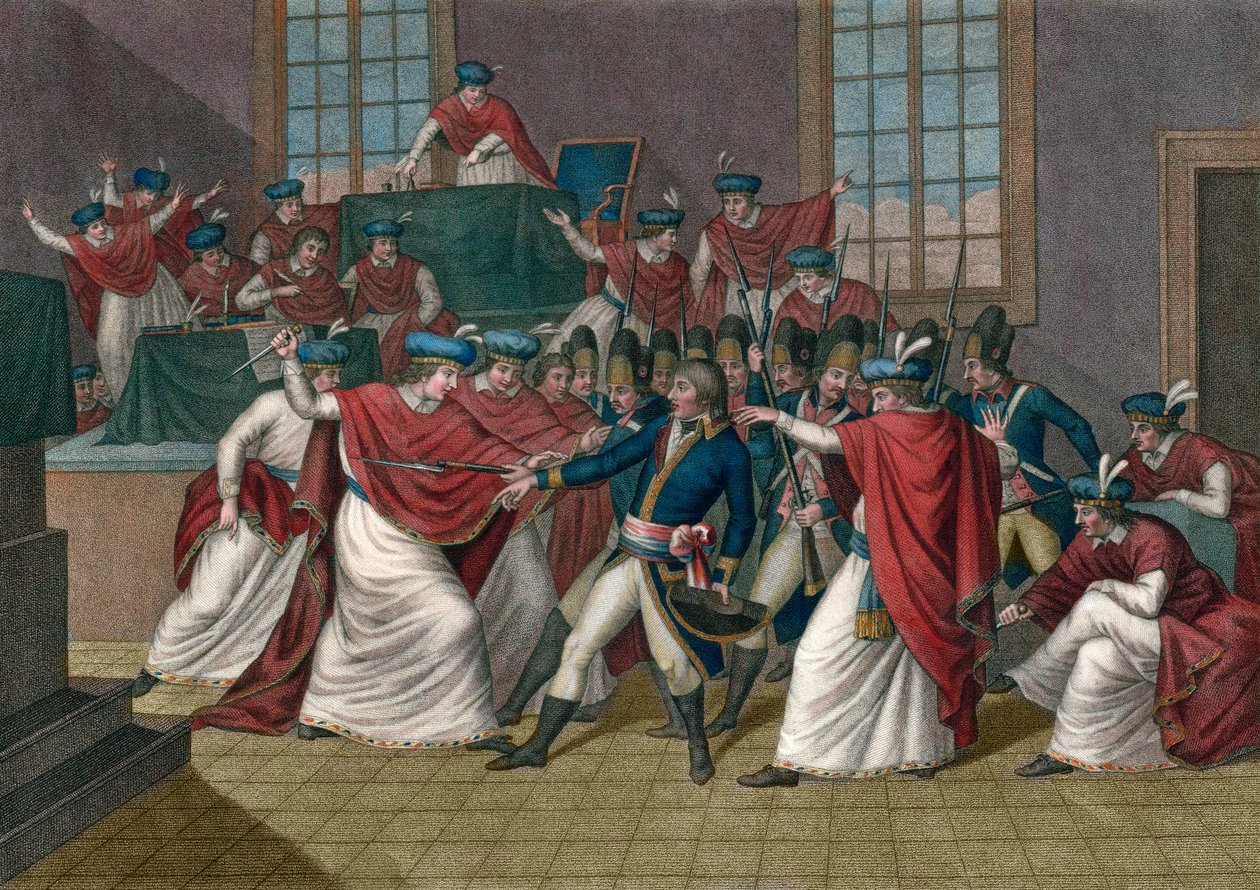 De staatsgreep van 18 Brumaire (9 november 1799). Napoleon Bonaparte (1769-1821) wierp het Directoire omver en werd Eerste Consul door Giacomo Aliprandi