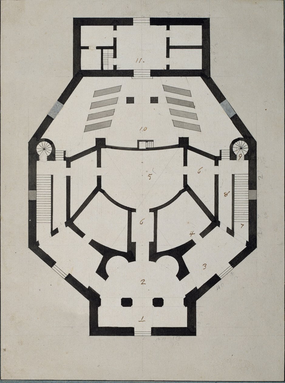 Plattegrond bovenverdieping door Giacomo Antonio Domenico Quarenghi