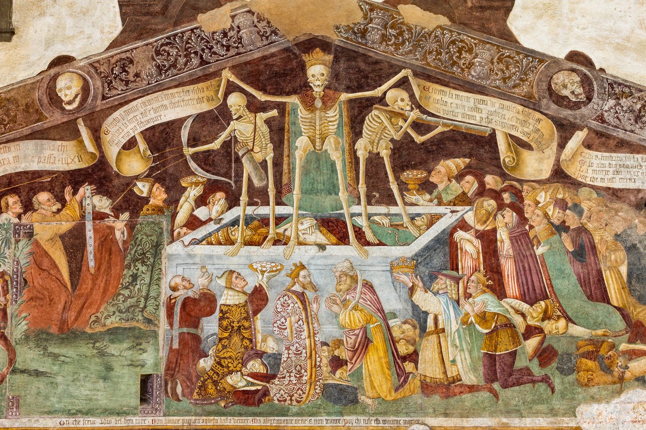 Dood staande op een sarcofaag waar de dode paus en de keizer liggen (detail) door Giacomo Borlone de Buschis