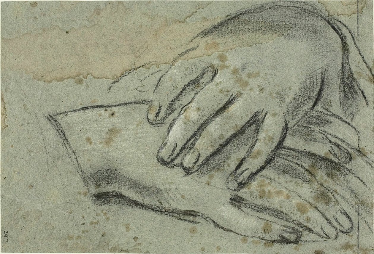 Gekruiste handen (recto); rechtervoet, gedeeltelijk bedekt door draperie (verso) door Giacomo Cavedone