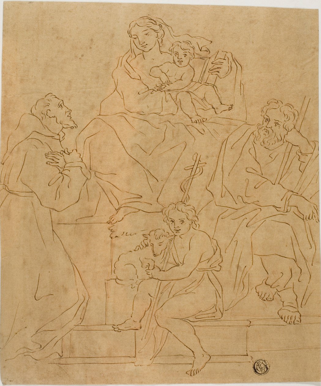 Heilige Familie met Sint Franciscus van Assisi en het Kind Johannes de Doper door Giacomo Cavedone