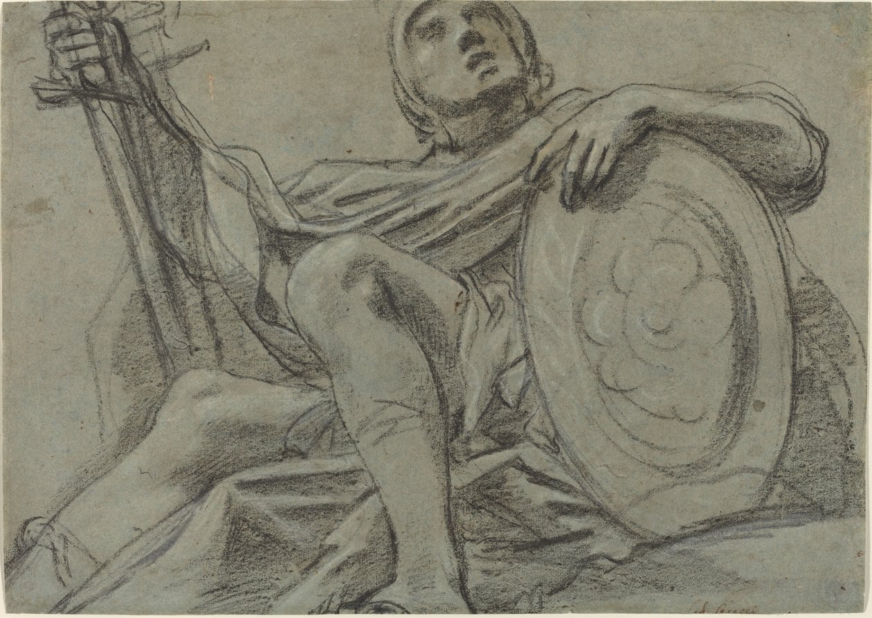 Zittende krijger met een zwaard en schild (recto) door Giacomo Cavedone