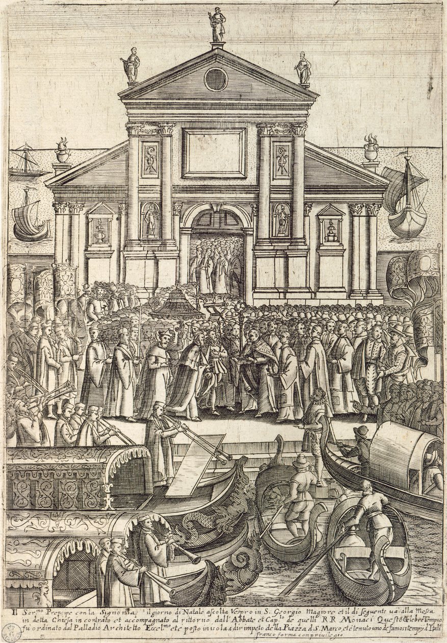 De Doge en zijn entourage luisteren naar de vesper op Eerste Kerstdag in de San Giorgio Maggiore Kerk in Venetië door Giacomo Franco