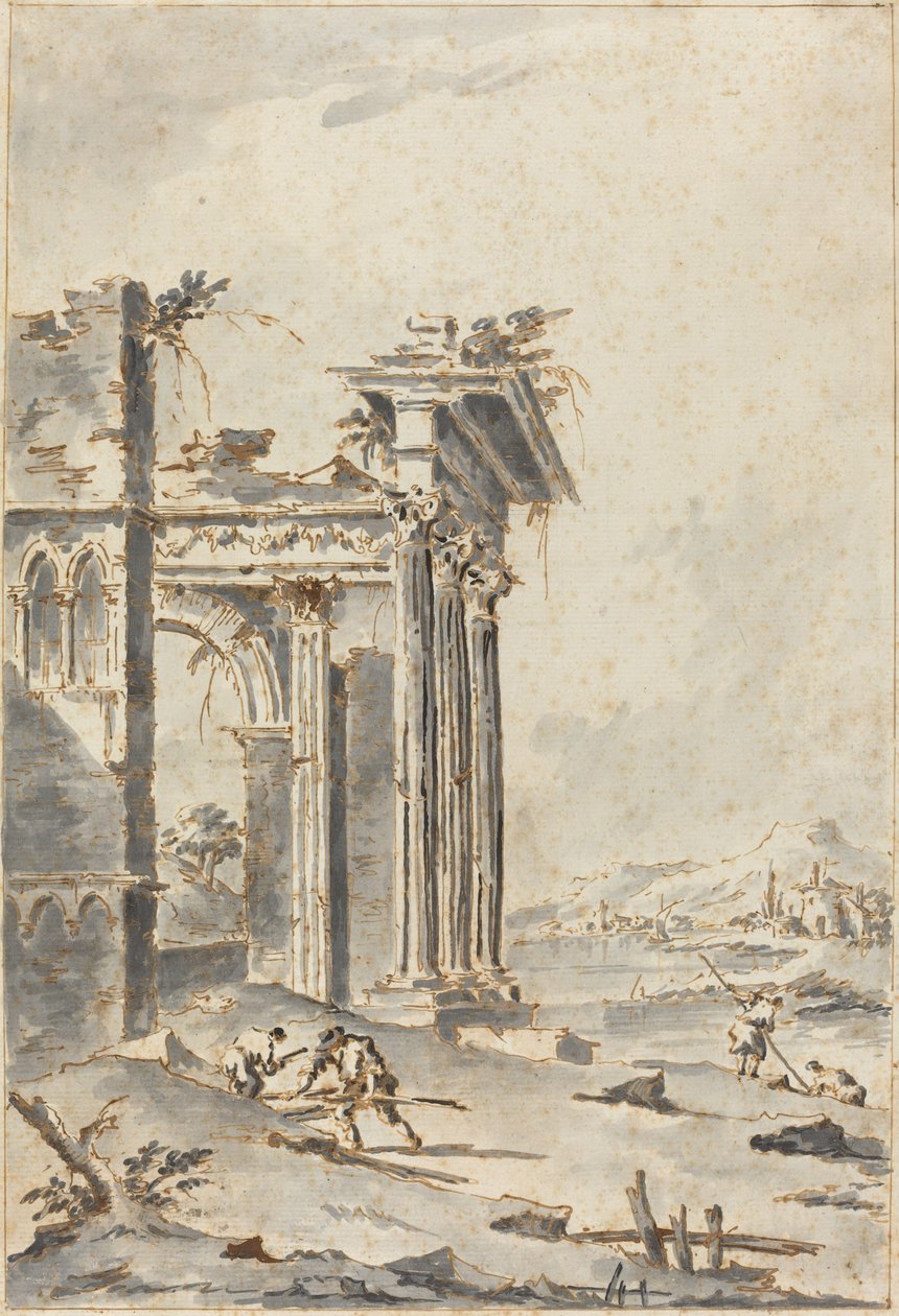 Capriccio van klassieke ruïnes aan een kust door Giacomo Guardi