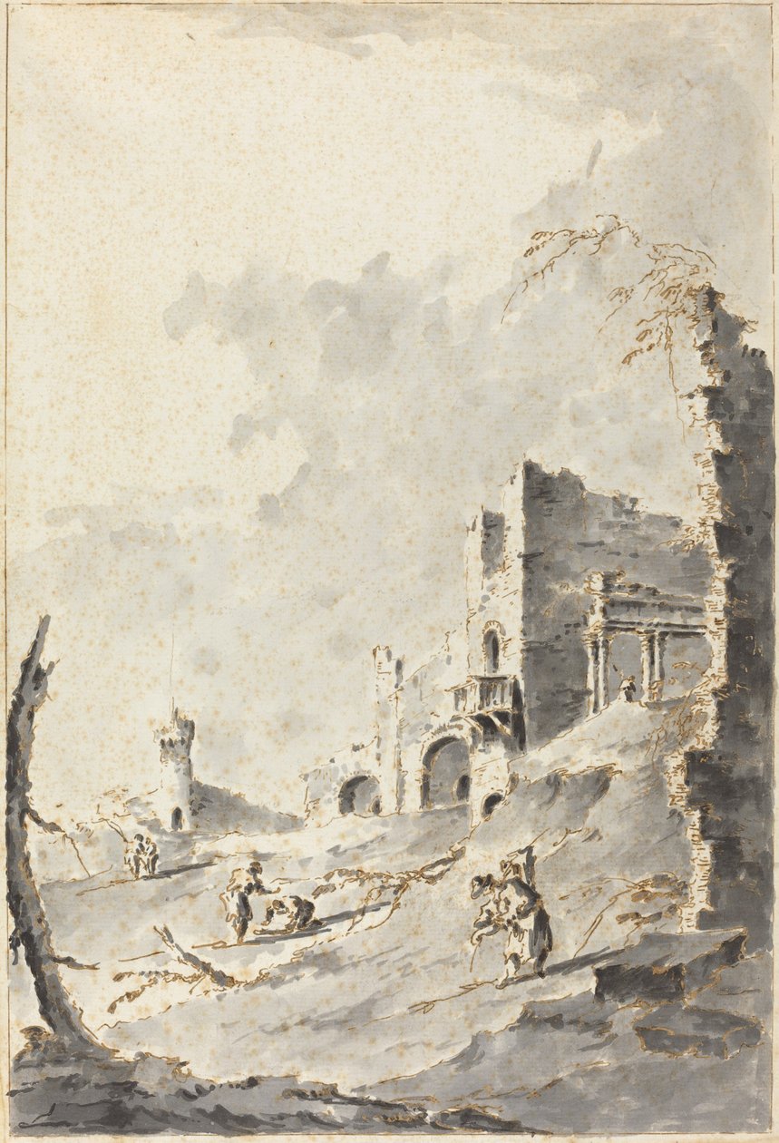 Capriccio van Klassieke Ruïnes met een Fort door Giacomo Guardi