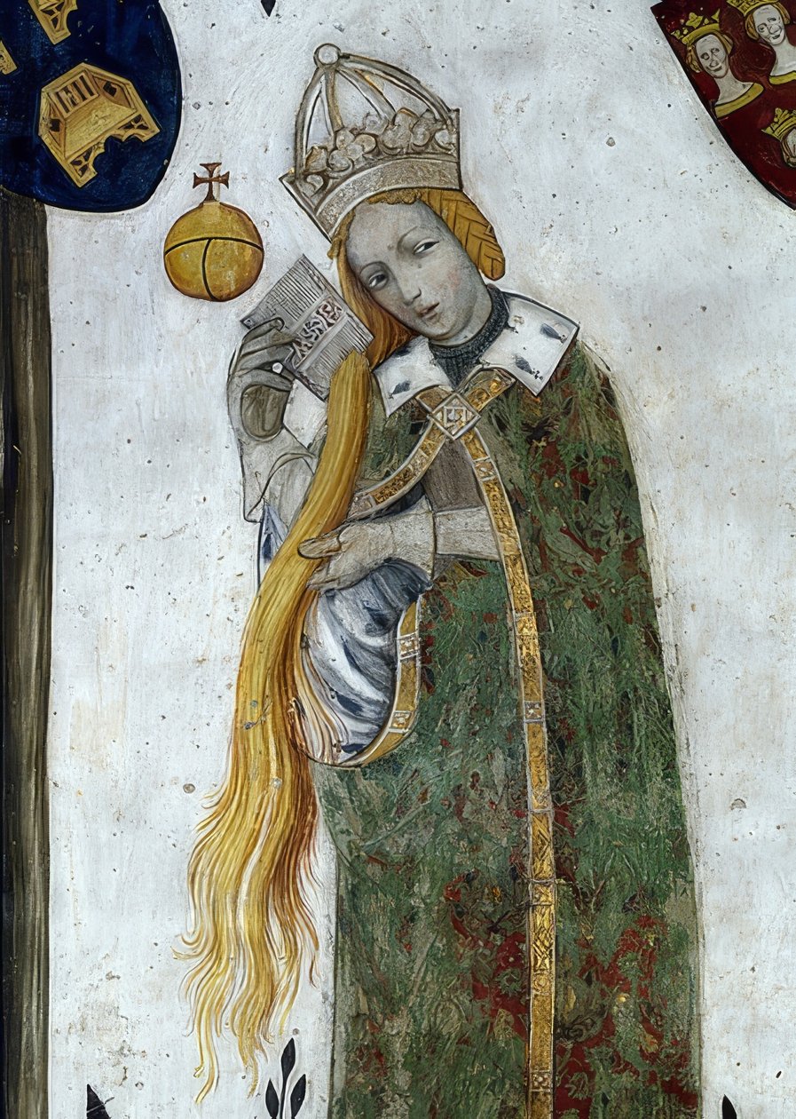 Voorstelling van de markgraven van Saluzzo en hun echtgenotes als historische en mythologische helden en heldinnen. Detail: Beatrice Visconti als Aetiope, echtgenote van Frederico I. 1418-30 door Giacomo Jaquerio