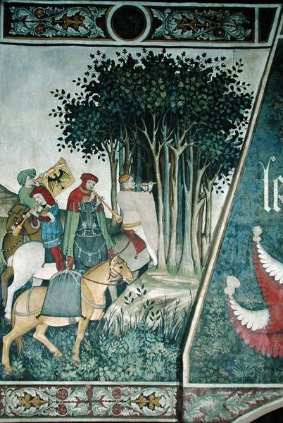De Fontein van het Leven, detail van trompetters door Giacomo Jaquerio