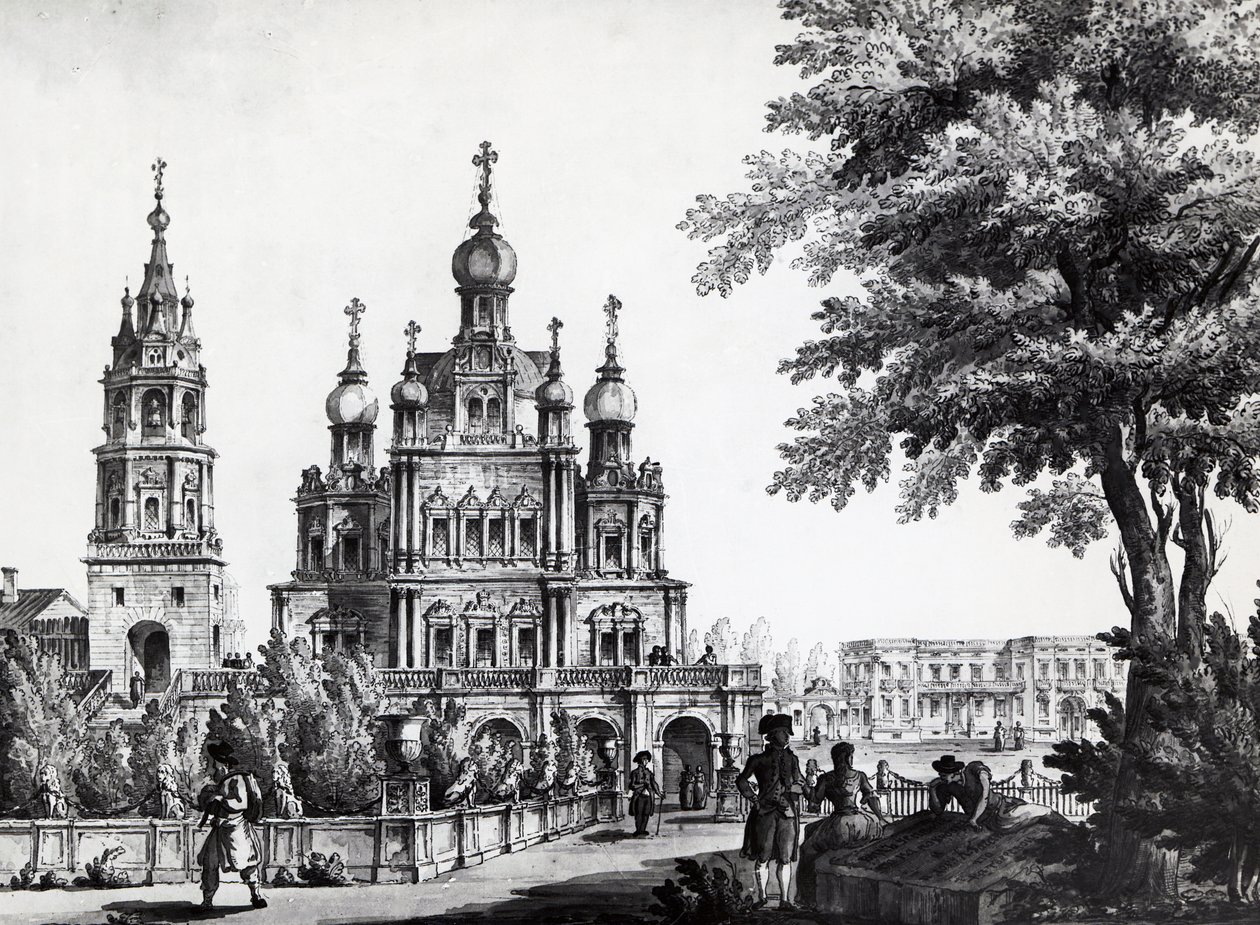 Kerk van de Hemelvaart en Gagarin-paleis in Moskou, tekening door Giacomo Quarenghi Domenico, Rusland door Giacomo Quarenghi
