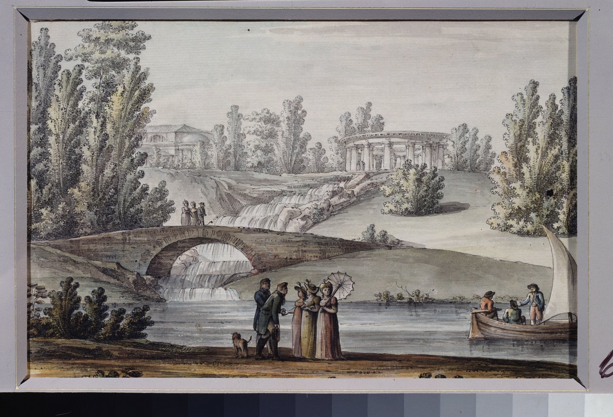 De tempel van Apollo en de waterval in het Pavlovsk park (Sint-Petersburg) door Giacomo Quarenghi