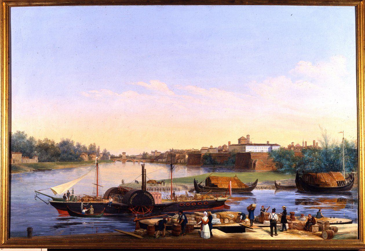 Zicht op de haven van Pavia aan de Po en de stoomboot Principessa Clementina door Giacomo Trecourt
