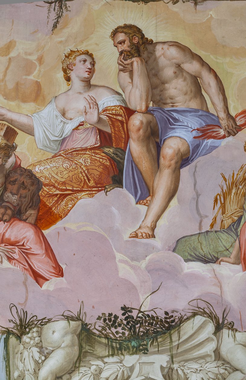Juno en Jupiter liggend op wolken, boven architectonische ruïnes, detail van de Kamer van Olympus, ca.1557 door Giambattista Zelotti