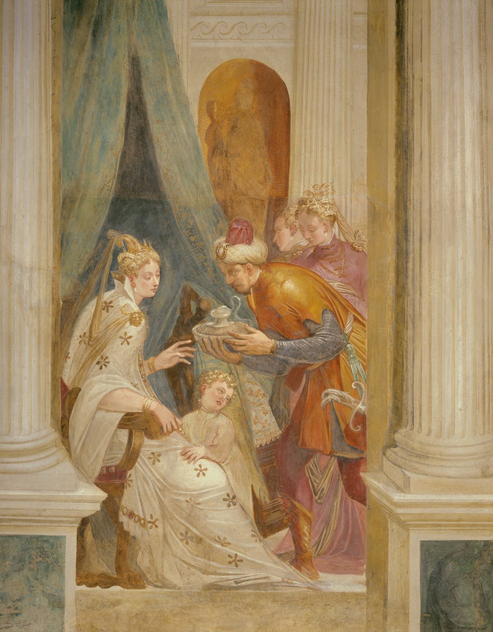 Rechterwand die Sophonisba met haar kind toont die de volgende pot gif ontvangt door Giambattista (1526 78) Zelotti