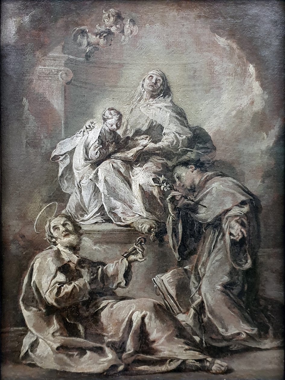 Duits: Anna unterweist Maria im Lesen der Heiligen Schrift St. Anna, vergezeld door St. Petrus en St. Antonius van Padua, onderwijst de jonge Maria in het lezen van de Heilige Bijbel; Kat.Nr. 88.1 door Giambattista Pittoni