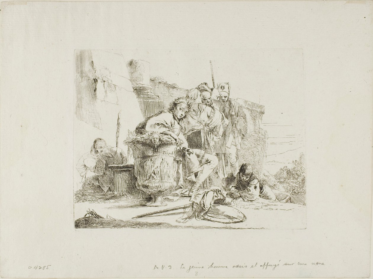 Zittende Jongeling Leunend Tegen een Urn, uit Capricci door Giambattista Tiepolo