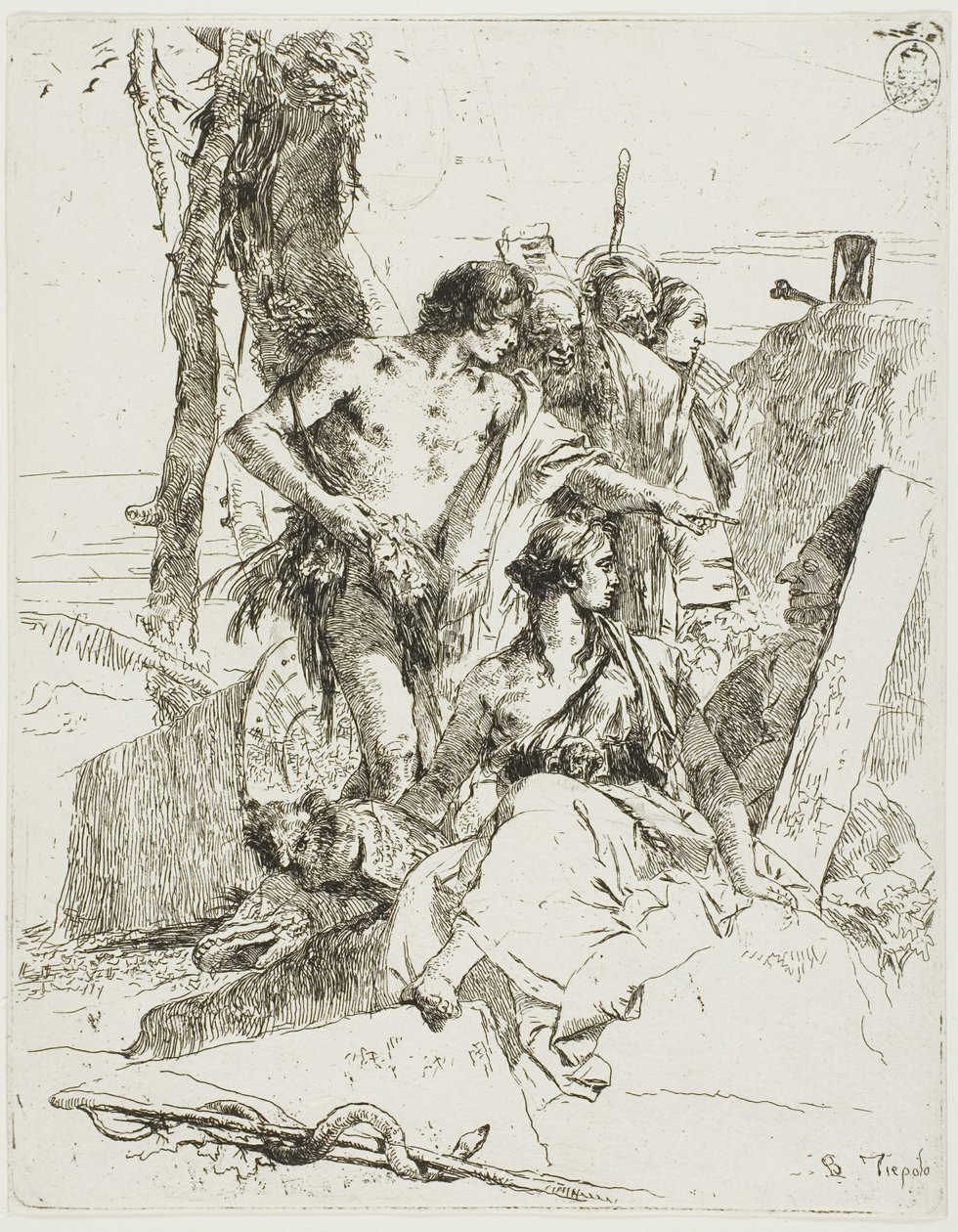 De ontdekking van het graf van Punchinello, uit Scherzi door Giambattista Tiepolo