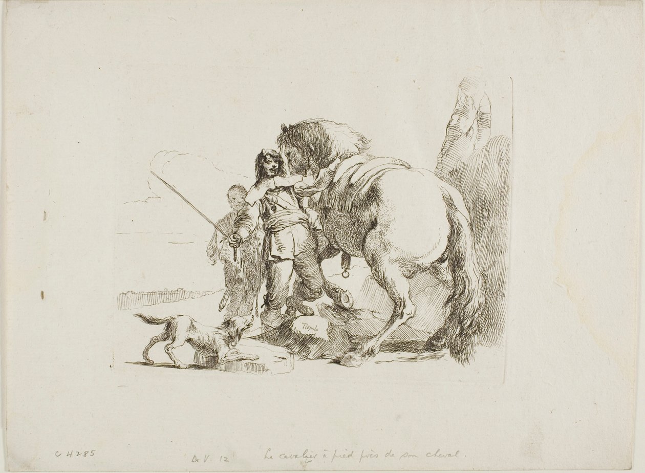 De ruiter die naast zijn paard staat, uit Capricci door Giambattista Tiepolo