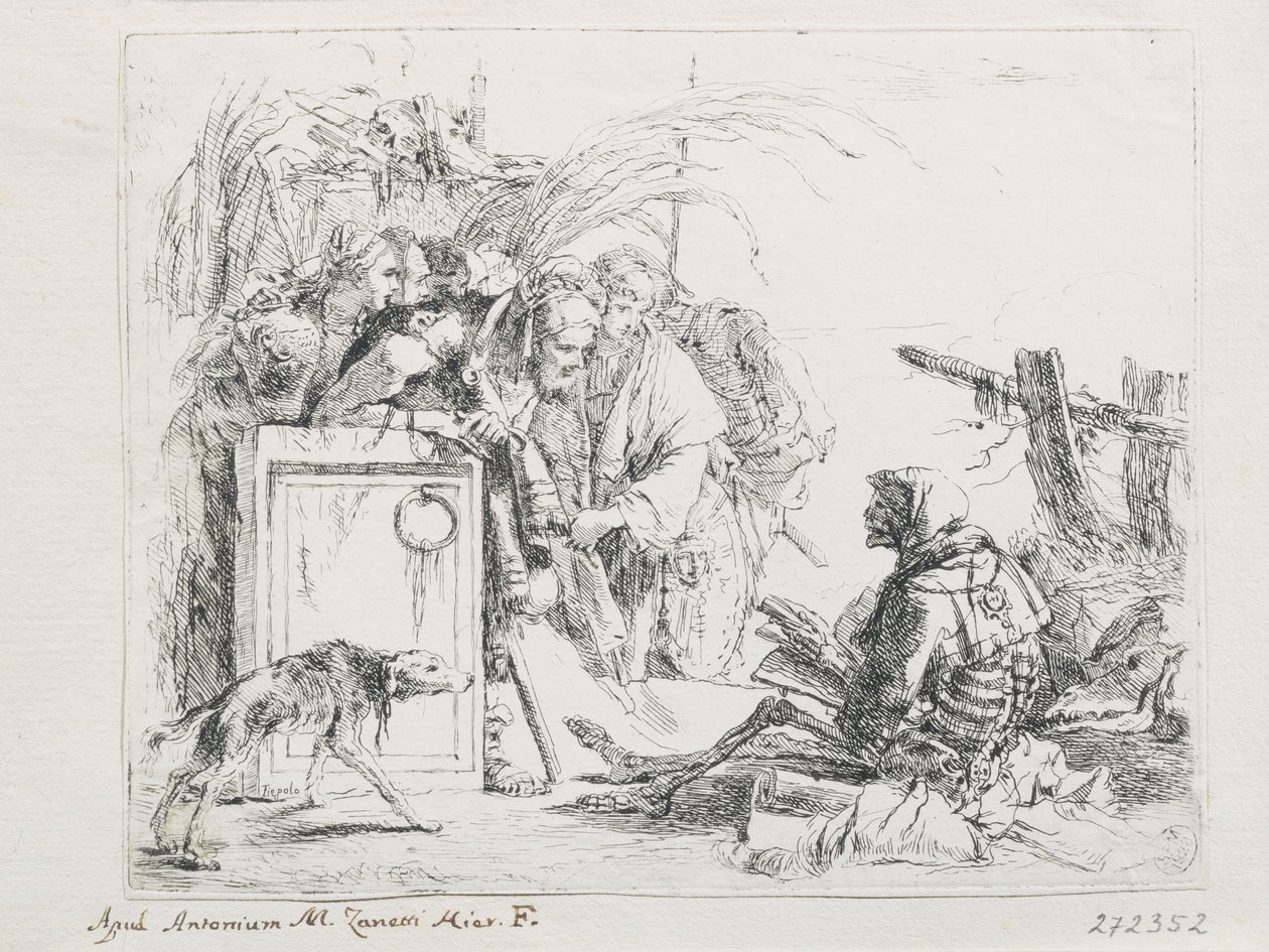 Het bezoek bij de dood. Uit de serie Capriccios, midden 18e eeuw door Giambattista Tiepolo