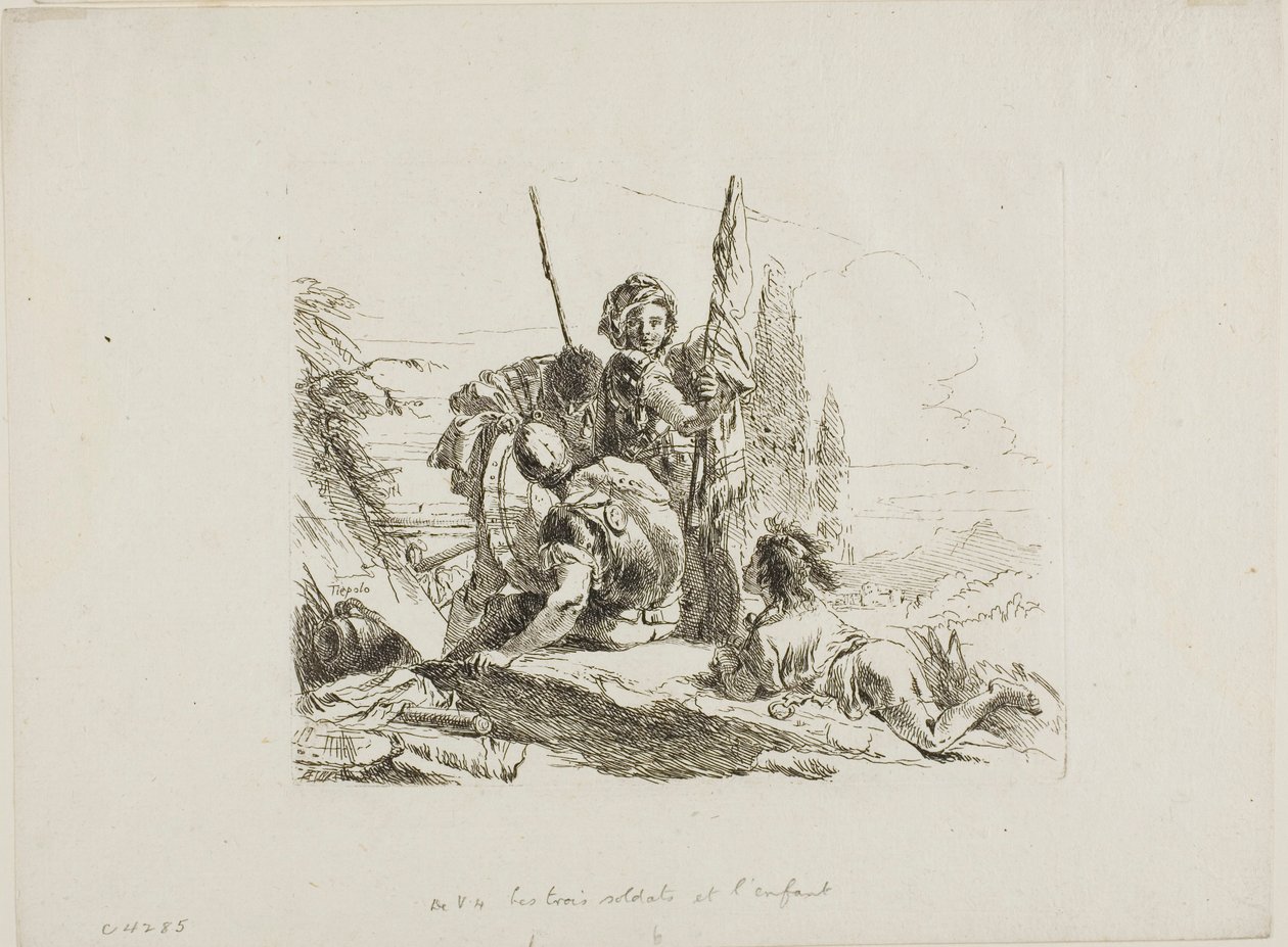 Drie soldaten en een jongen, uit Capricci door Giambattista Tiepolo