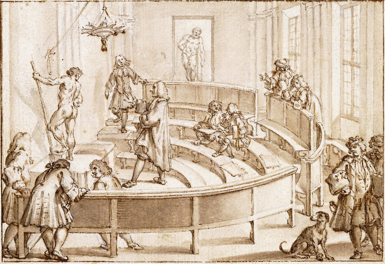 De Academia Clementina, Bologna, met een naaktmodel dat door de tekenmeester in positie wordt gebracht, met daarachter de Farnese Hercules (zwart krijt, pen en bruine inkt met bruine wassing) door Giampietro Zanotti