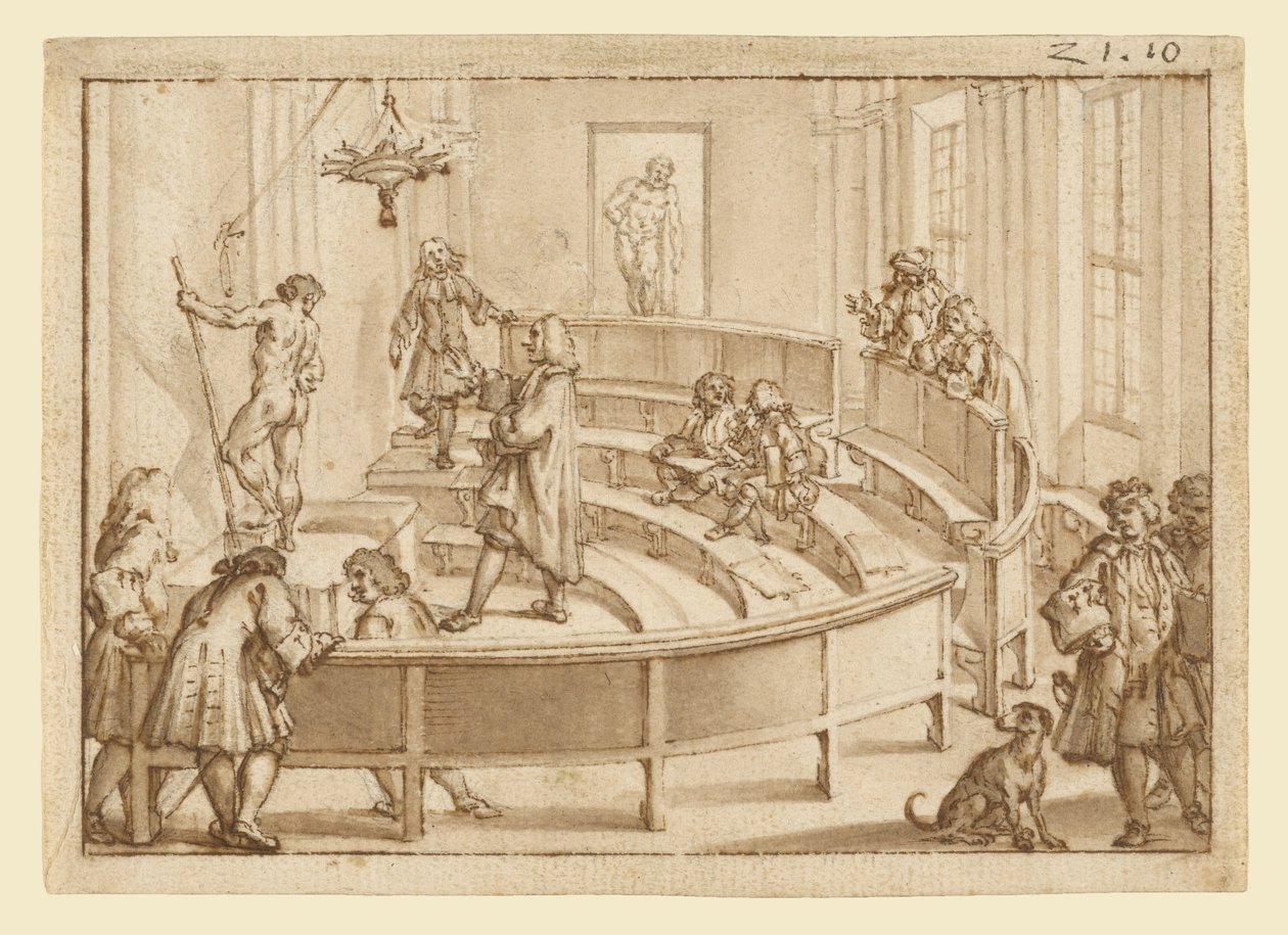 De "Accademia Clementina" Bologna, met een naakt dat wordt gepositioneerd door de tekenmeester, de "Farnese Hercules" daarachter door Giampietro Zanotti