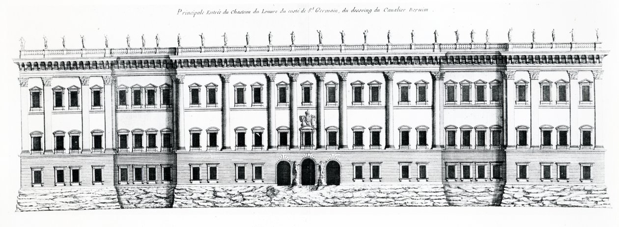 Derde project voor het Palais du Louvre, Parijs: Oostgevel elevatie en Hoofdingang van het Paleis vanaf de Saint Germain zijde, 1665 door Gian Lorenzo Bernini