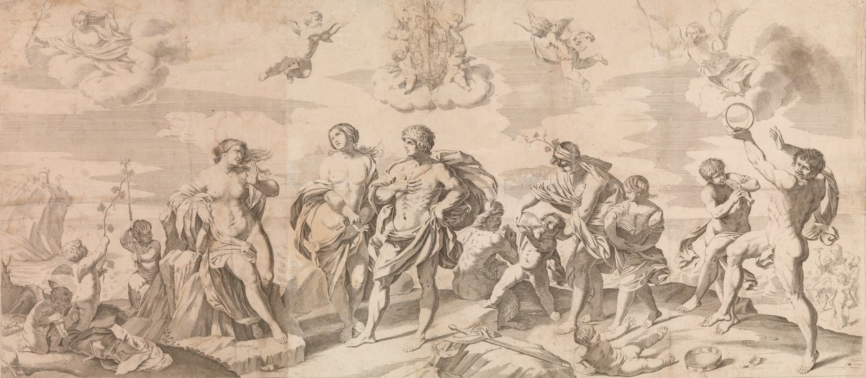 Bacchus met zijn metgezellen ontdekt Ariadne op het eiland Naxos, naar Reni door Gian Battista Bolognini