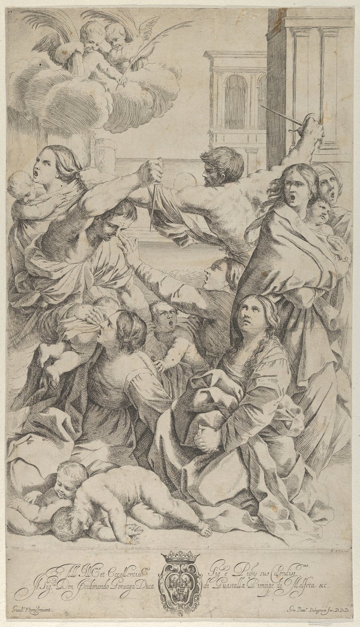 Slachting van de Onschuldigen, groep vrouwen en kinderen aangevallen, twee engelen, ca. 1640-70 door Gian Battista Bolognini