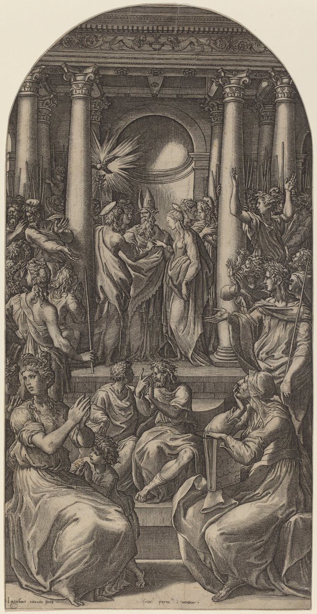 Het huwelijk van de Maagd door Gian Jacopo Caraglio after Parmigianino