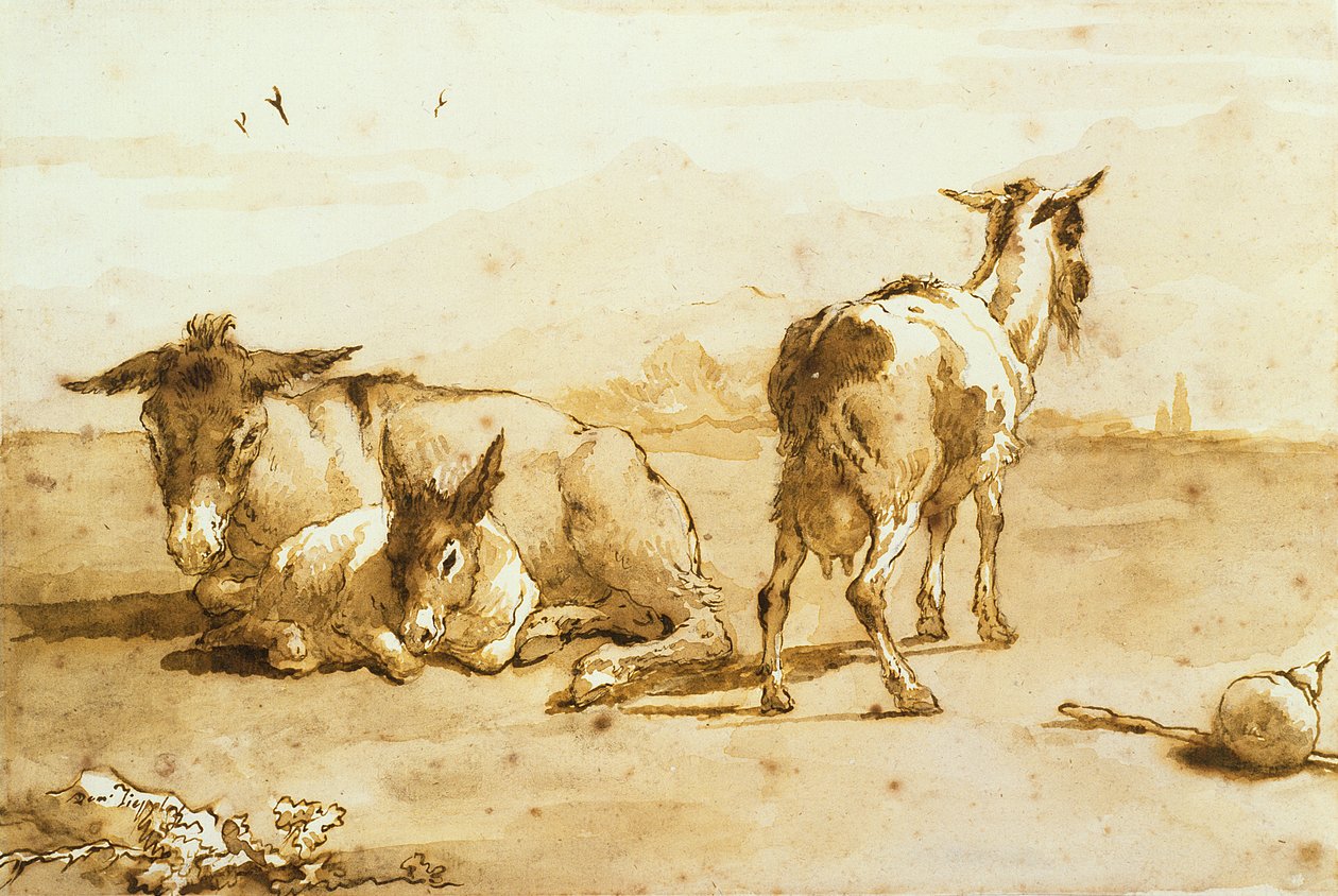 Twee ezels en een geit in een landschap door Giovanni Domenico Tiepolo
