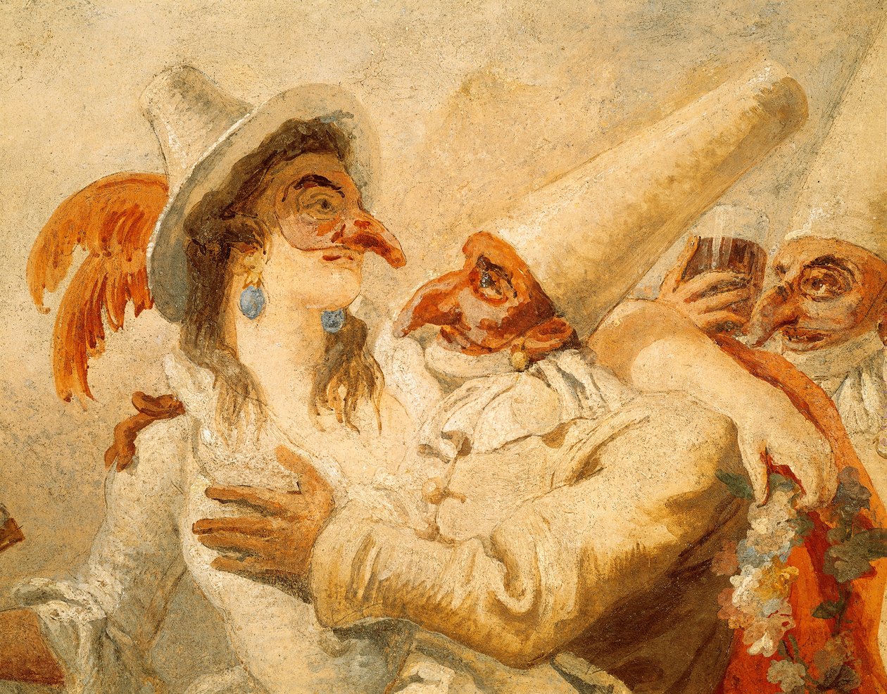Carnaval door Giandomenico Tiepolo, fresco, detail met drie maskers, Ca 