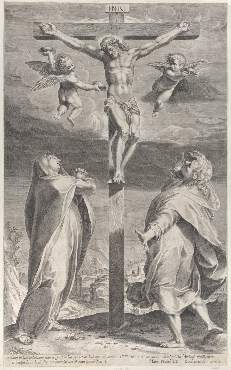 Kruisiging met de Maagd Maria en Sint Johannes de Evangelist, engelen boven door Gijsbert Van Veen