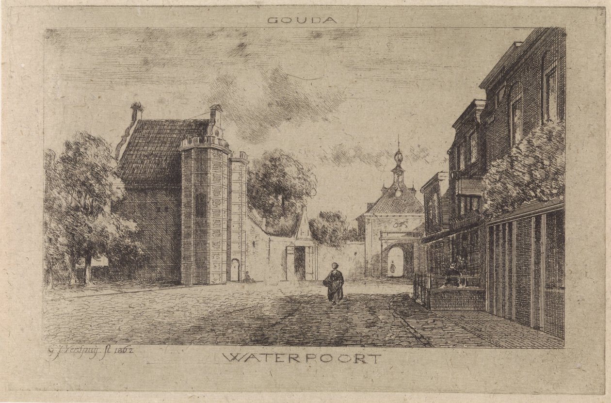 Gezicht op de Waterpoort te Gouda door Gijsbertus Johannes Verspuy