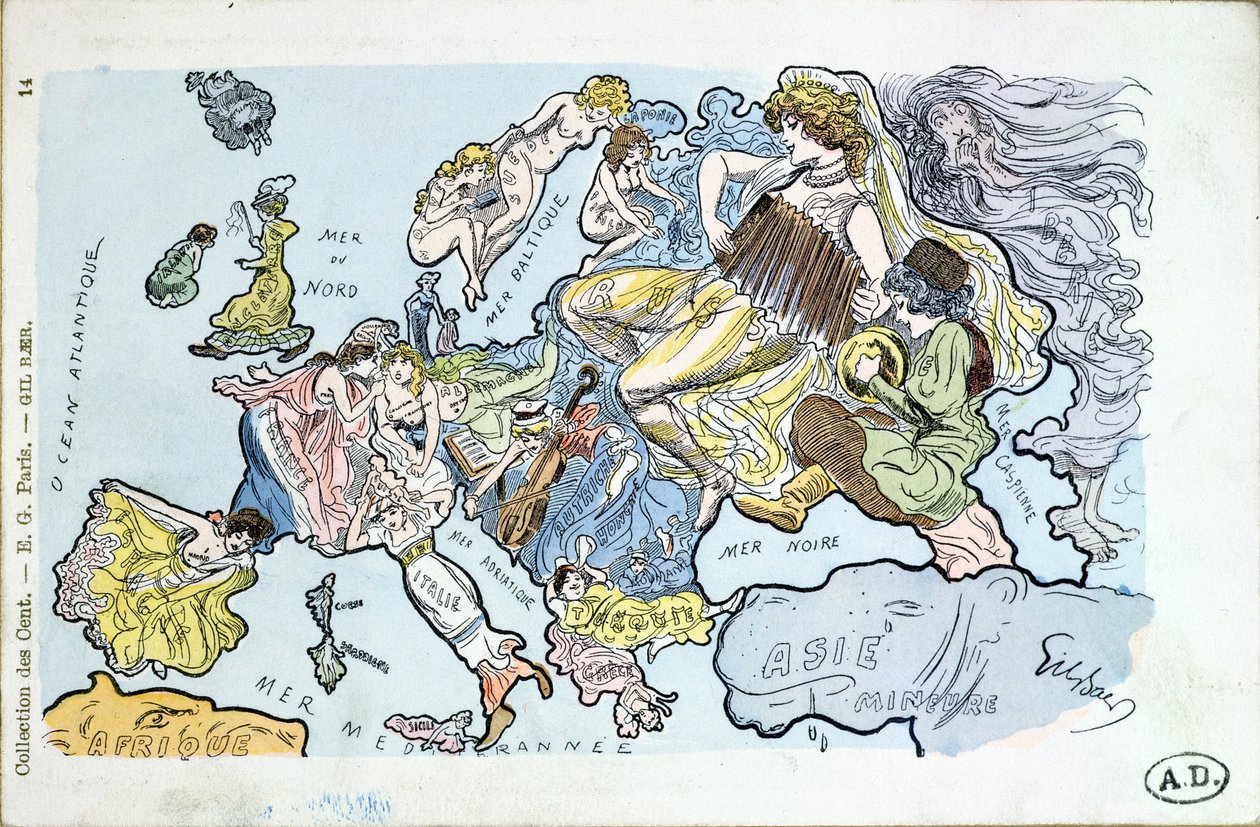 Ansichtkaart die de landen van Europa als vrouwen afbeeldt door Gil Baer