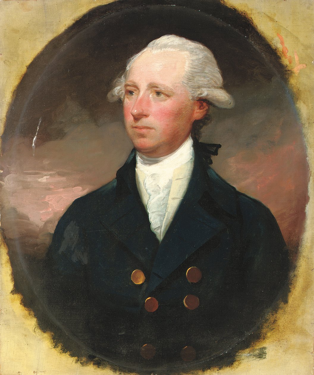 Portret van Sir Thomas George Skipwith, halflang, in een blauwe jas, gefingeerd ovaal door Gilbert Stuart