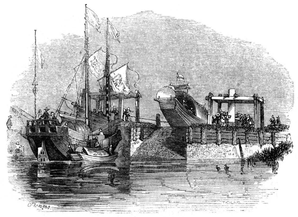 Boot getrokken over een sluis of schutsluis op een kanaal door Giles