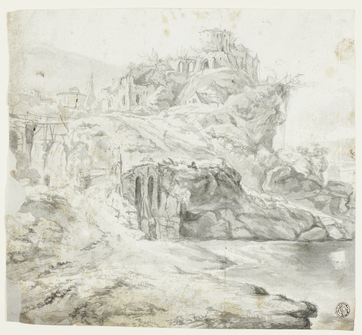 Rotsachtig voorgebergte met ruïnes en watervallen (recto); schets van klif met gebouwen (verso) door Giles Edme Petit