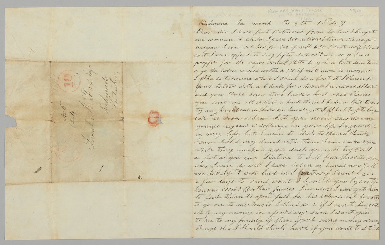 Brief aan Samuel Fox van Giles Saunders over de slavenhandel, 9 maart 1847 door Giles Saunders