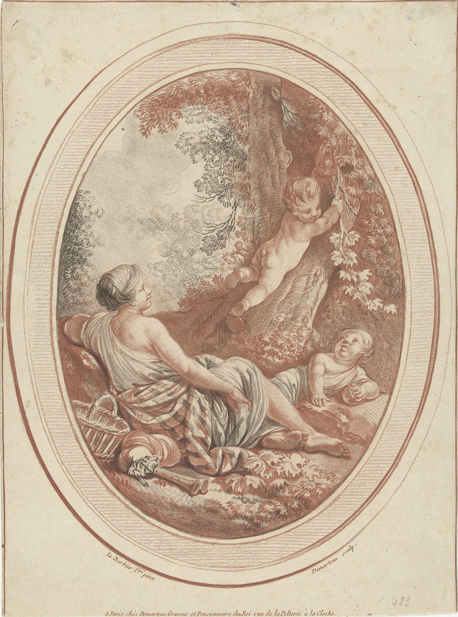 Bacchanaal met nimf en putti bij bomen door Gilles Demarteau