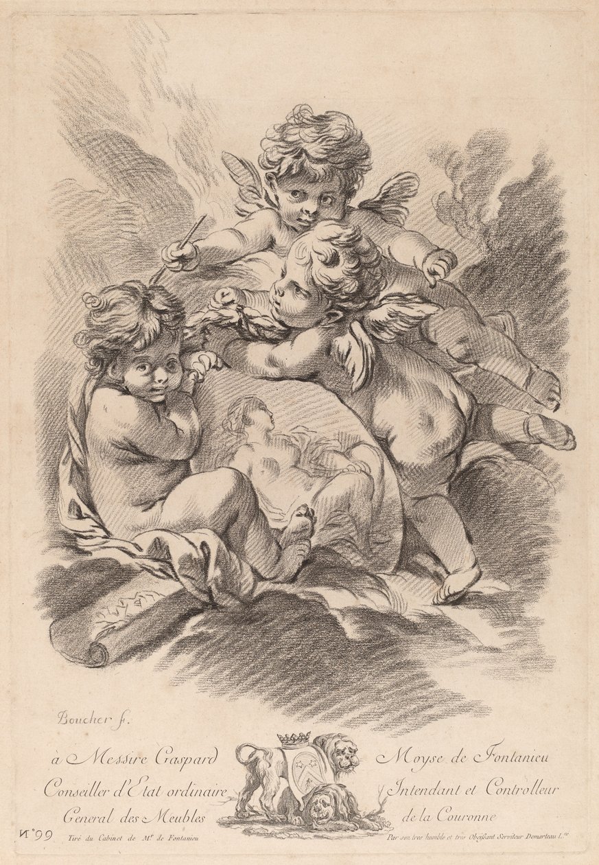 Allegorie van het Schilderen met Drie Cherubijnen door Gilles Demarteau the Elder after François Boucher