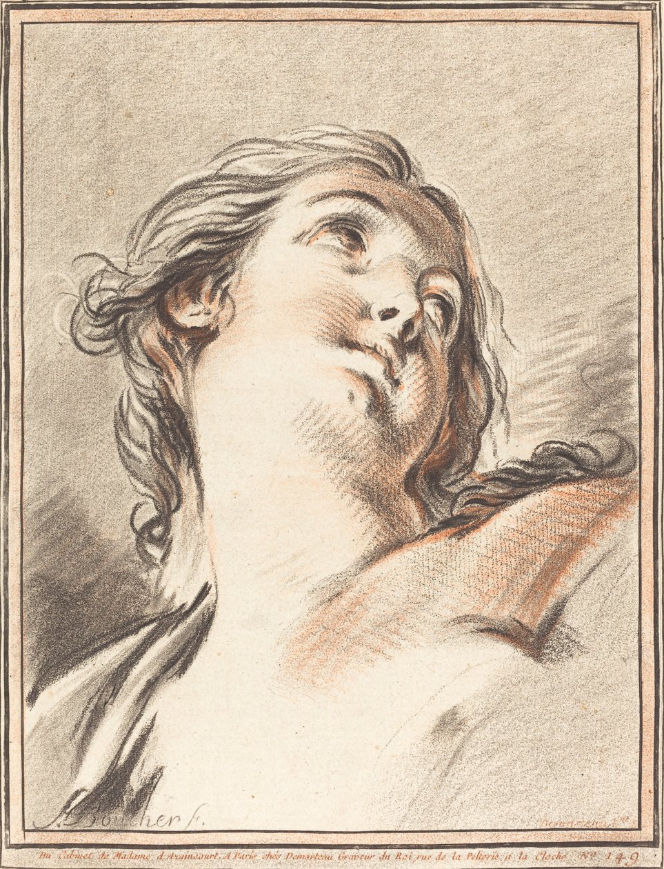 Hoofd van een Vrouw die Omhoog Kijkt door Gilles Demarteau, the Elder after François Boucher