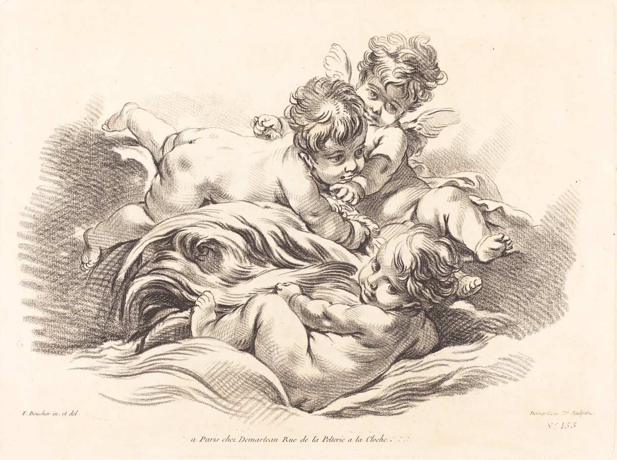 Drie cherubijnen spelen op een golf als een dolfijn door Gilles Demarteau, the Elder after François Boucher