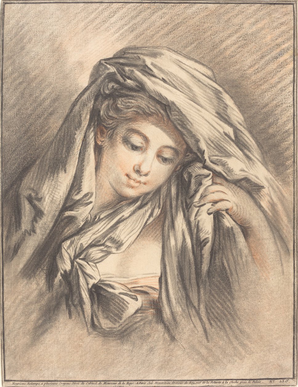 Jonge vrouw met bedekt hoofd door Gilles Demarteau, the Elder after François Boucher