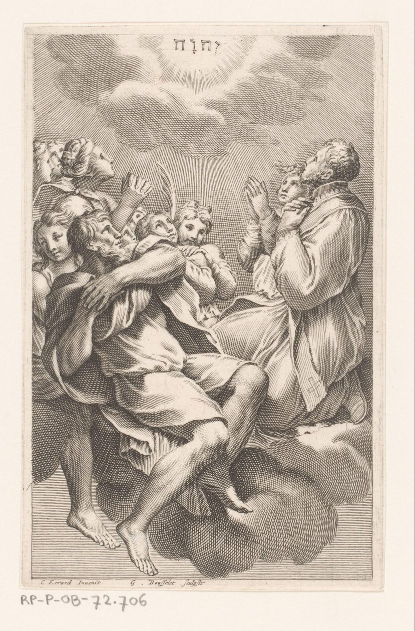 Groep mannen en vrouwen op wolken in aanbidding voor het tetragram door Gilles Rousselet