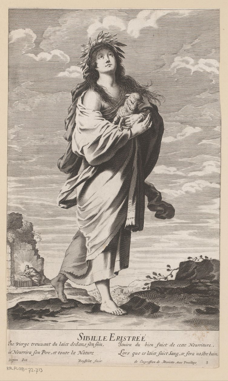 Sibille van Erythrae, met op de achtergrond Maria met kind (Sibillen) door Gilles Rousselet
