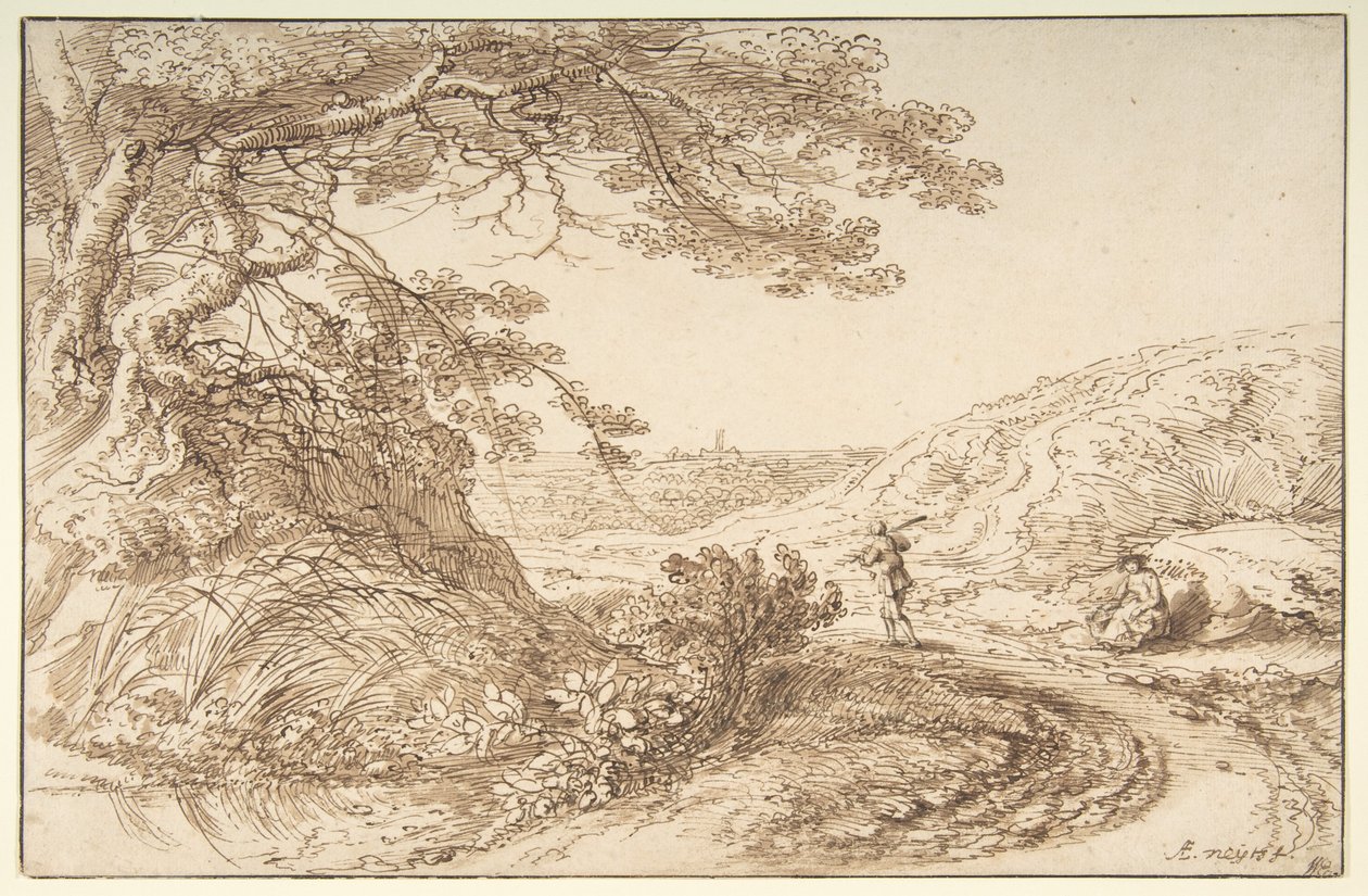 Landschap met oude bomen en figuren door Gillis Neyts