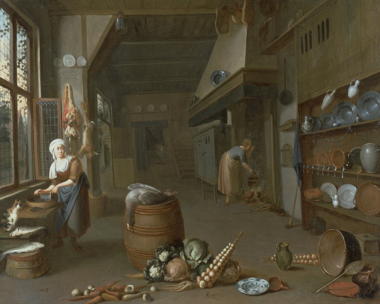 Keukeninterieur met twee dienstmeisjes die eten bereiden door Gillis de Winter