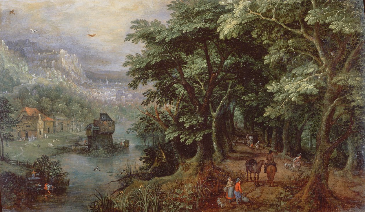 Landschap met figuren in een laan, ca. 1595 door Gillis van III Coninxloo